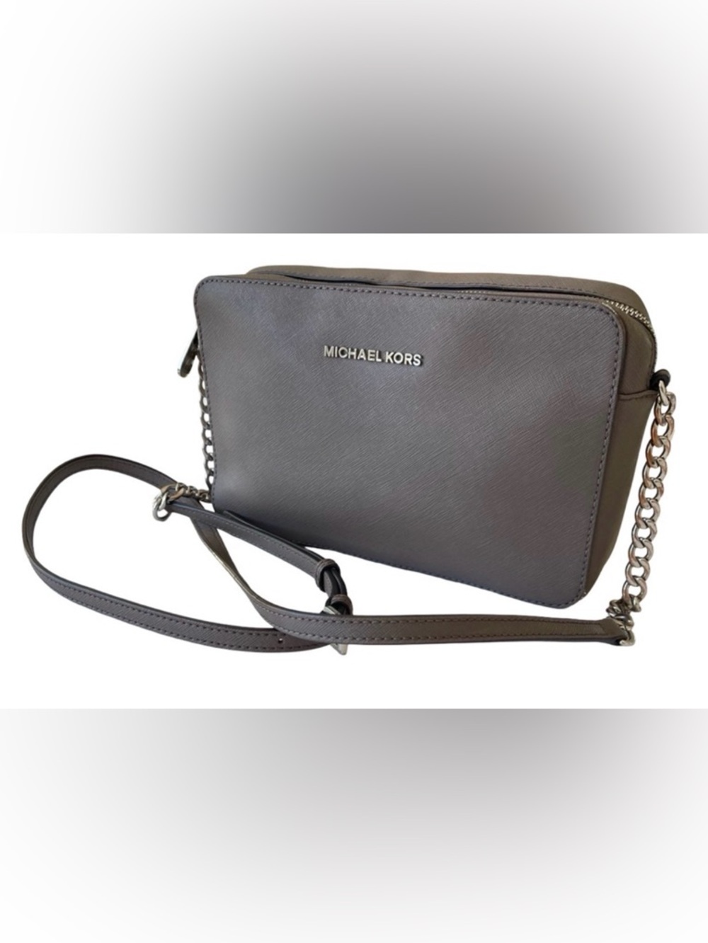 Michael Kors Jet Set Crossbody Gray Saffiano Leather Silver Hardware